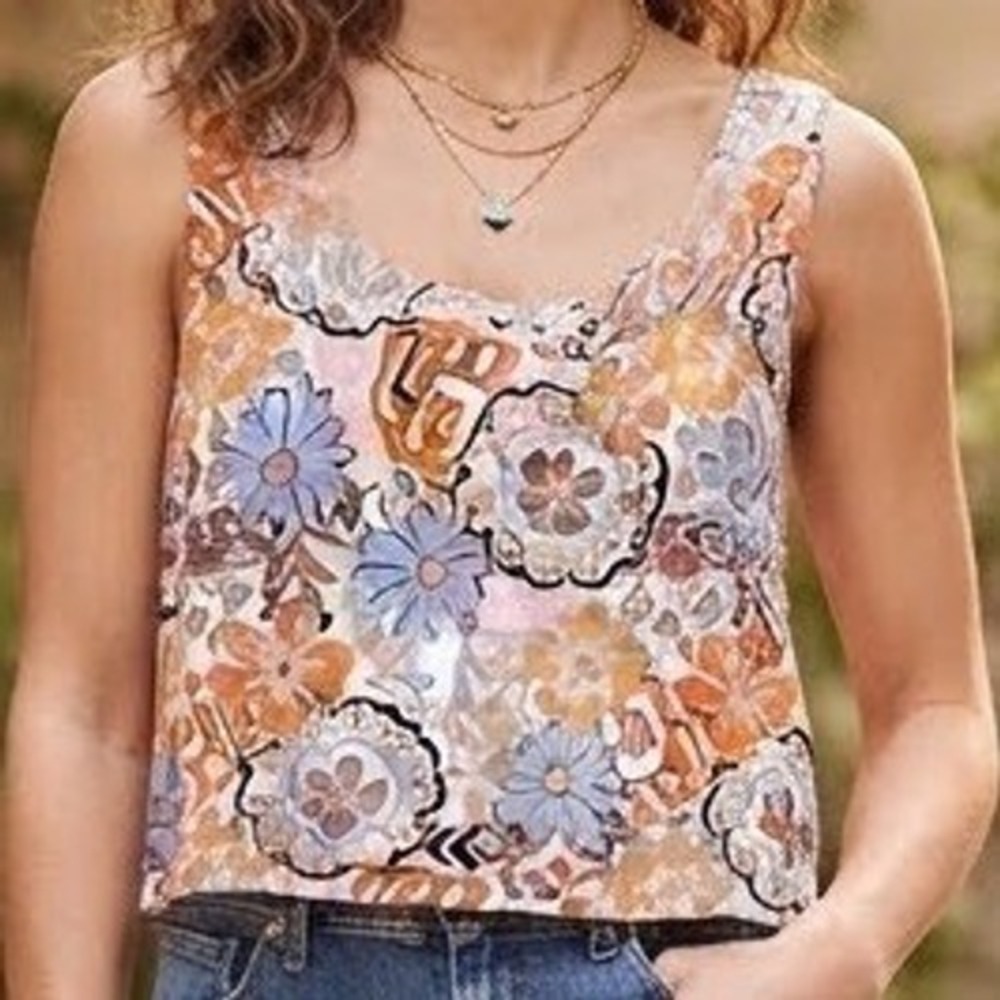 Nicole Miller New York Floral Linen Tank Top Orange Blue Size M